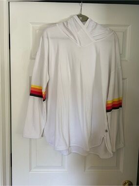 Talbots White Hoodie with Rainbow Sleeve Stripes